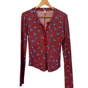 Wms Rust Red‎ Floral Print Intimately Free People Waffle Knit Long Sleeve Top L